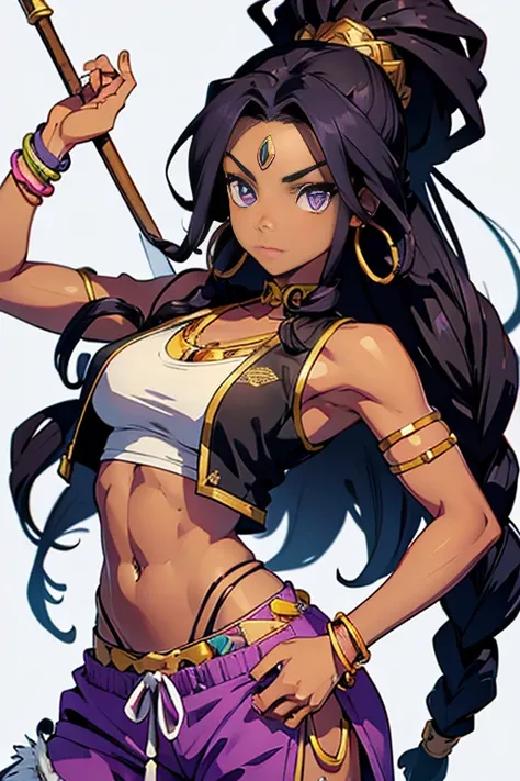 Gorgeous African  Girl. Black hair.  Dreads. African Hair. Dread Hair. Purple Eyes. African Accessories. Black open  vest. White tank top. Kung fu pants. Muscled Abdomen. Navel piercing. Holding a staff. Masterpiece. Highest Definition. Anime style. 