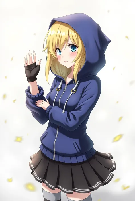 bridgetSDXL,1girl,solo,looking at viewer,blush,smile,blue eyes,skirt,blonde hair,gloves,long sleeves,hair between eyes,closed mouth,jacket,pleated skirt,black gloves,hood,fingerless gloves,black skirt,blue jacket,hooded jacket,hood up,handcuffs,bridget (gu...