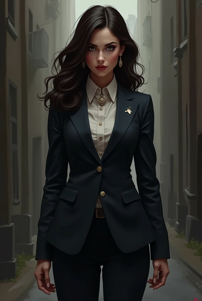 Dark brown haired woman with long layered haircut.
Let her stand and let her clothes be a formal suit, as a lawyer, but with several interesting accessories.
Let the art style be like ARCANE (series the Netflix).