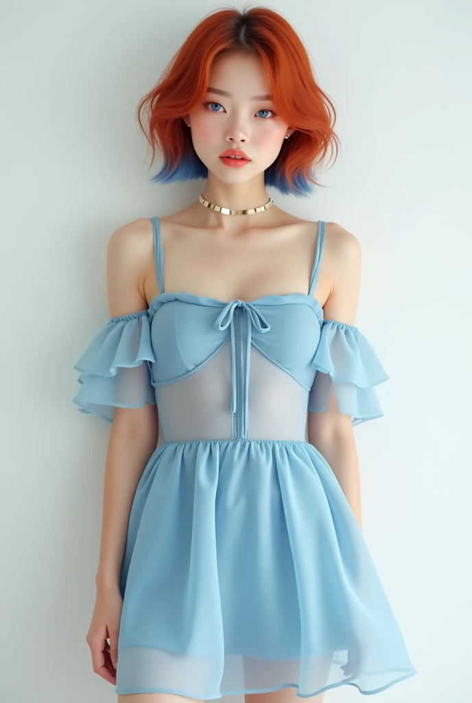 photorealistic,Very detailed, Very realistic, Hyperrealism, Ultra-realistic, Best Quality,(masterpiece,Soft lighting, Stylish eyes with attention to detail: 1.2),Staring at me, (cute),Sleeveless,Sheer off-the-shoulder light blue mini dress,Panier skirt,The...