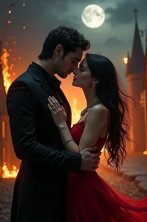 a couple, A vampire, Young and attractive, Black hair, dressed all in black. stares at a human woman, dressed in a red dress, su Black hair ondea en el aire, The woman&#39;s hands are placed on the vampire&#39;s chest. In the background you can see a villa...