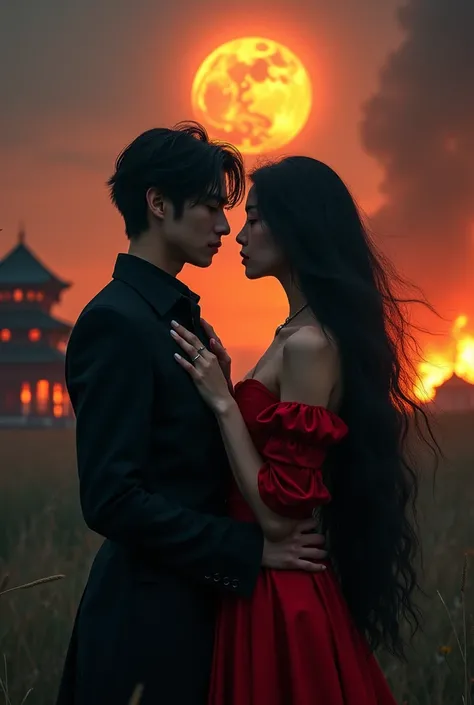 a couple, A vampire, Young and attractive, Black hair, dressed all in black. stares at an asian human woman, dressed in a red dress, su Black hair ondea en el aire, The woman&#39;s hands are placed on the vampire&#39;s chest. In the background you can see ...