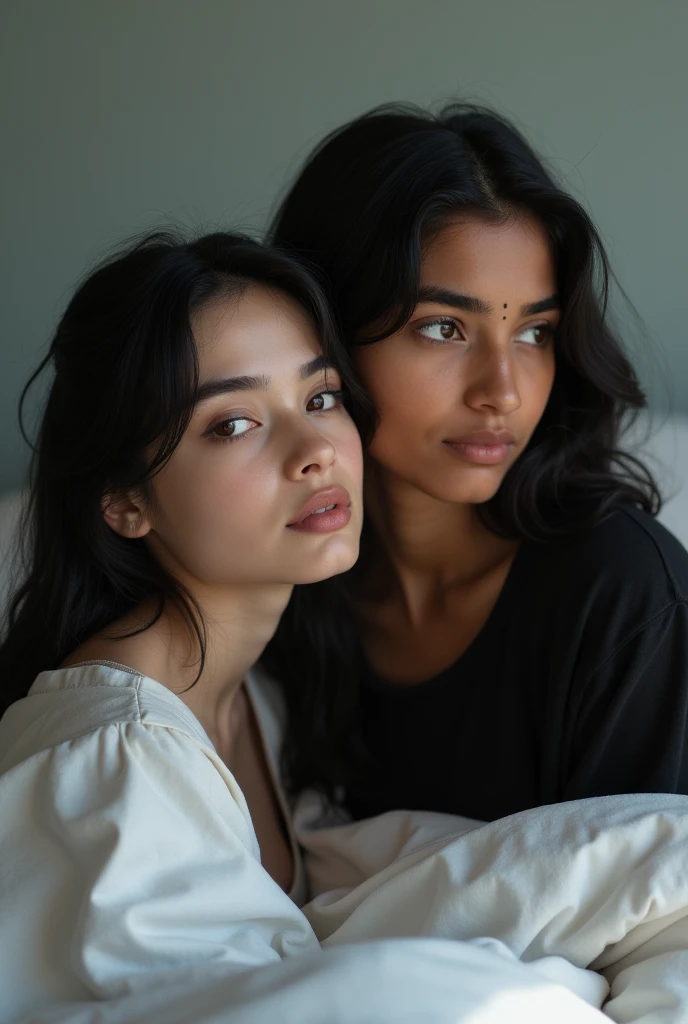 A white girl wear black top  sit on the bed 
With black hair and eyebrows 
A south Asian girl