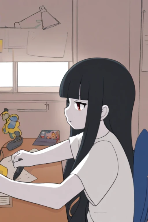 PELofiHipHop,sitting at desk,cartoon, 1girl,pale skin, and long straight jet black hair, long hairstyle with straight bangs, white t-shirt,