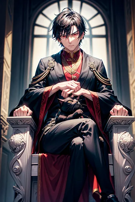 Sitting on the throne with his legs crossed、A man with short black hair stroking a black cat on his lap。The man has red eyes and looks at me with an intimidating expression.。There&#39;s a black aura around him。