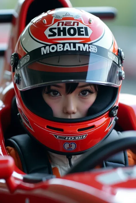 1girl is wearing F1 helmet, (((SHOEI helmet))), circuit, ((sitting F1 cockpit)), hard breathing, Japanese girl, cute girl, black hair, (((racing helmet))), (((fullface helmet:2.0))), ((covered mouth)), covered nose, (((too small face area))), latex bodysui...