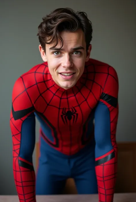 Tom Holland in spiderman costume, leaning forward over a table , letting your butt stand out and turning to look at the camera