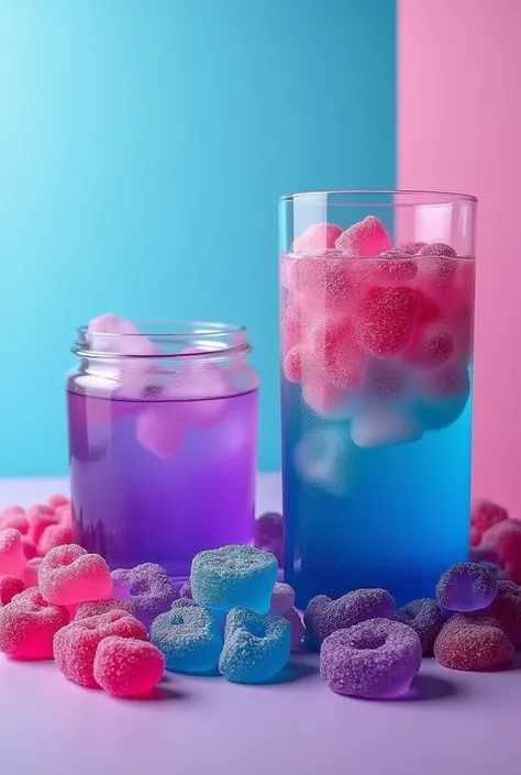 Create images with purple and blue colors with edible gummies and make them purple and blue colors also spread with a glass of margarita or piña colada or some cocktail on the side., Let the cocktail be the color it has to be for a post on Instagram with v...