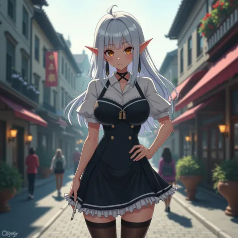 A anime Adult elf girl, She has medium breasts, she has very long snow-white hair, Brown  eyes, she is wearing two cute earrings, She is dressed in a dress black in color with white details, she is wearing brown tights and a simple blouse, her left hand is...