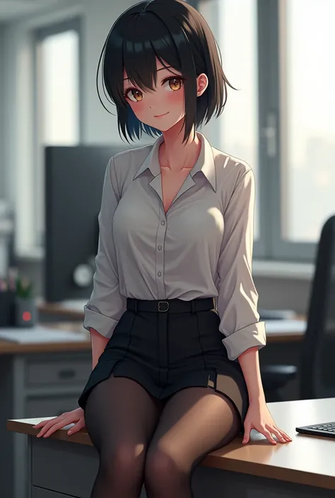 (photorealism:1.2), office anime girl, sitting on
desk with short black panty hose skirt above the knee