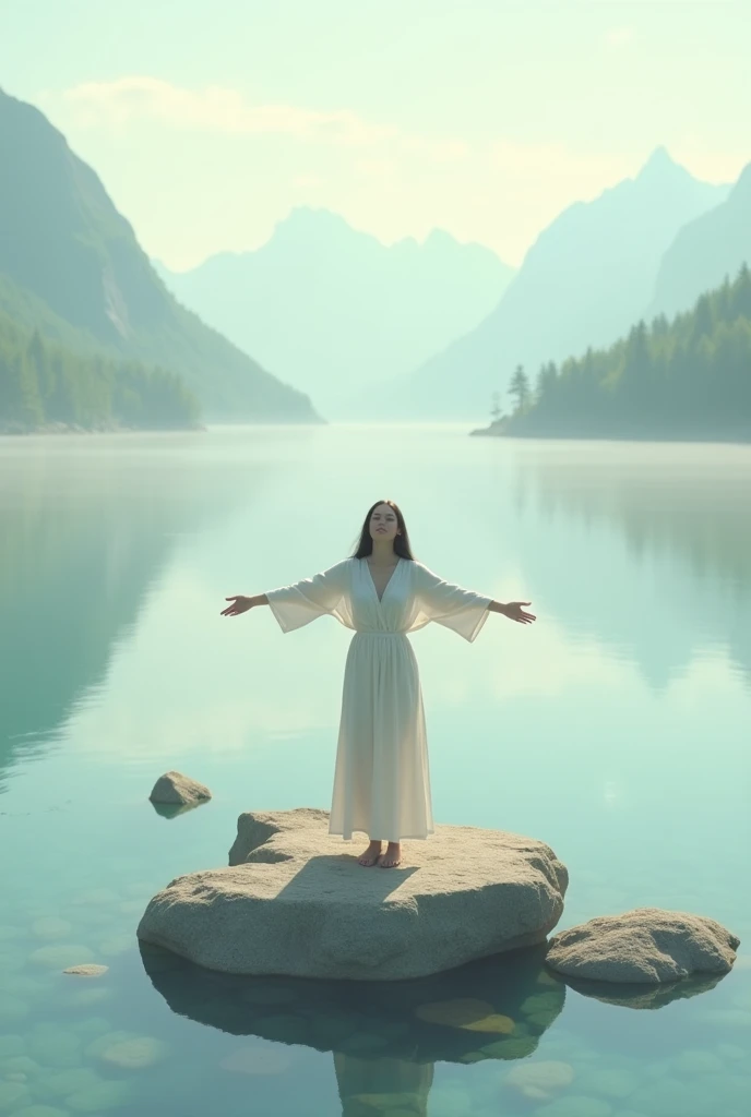 Generates the image of a happy person, standing with arms open, on some rocks in the middle of a lake, The person must transmit peace and serenity. Use light colors. The image must be centered on the person, but should not appear in the foreground. The set...