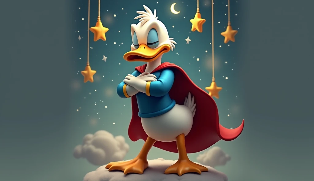 A super duck in a cute cartoon heroic pose sleeps peacefully on a soft cloud bed.A super duck, in the features of don rosa, in a heroic pose, hugs a soft blue blanket. The night sky background is dark blue and rich with twinkling stars and a crescent moon....