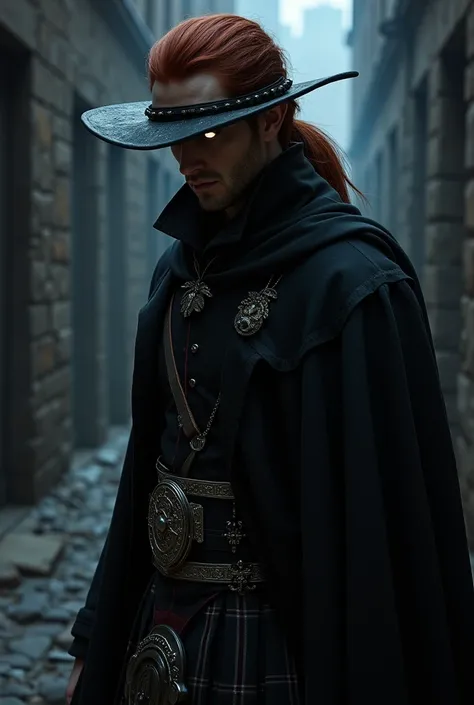 We are in a darkened alley in a midieval city at night. A 30 year old elven man is hiding in the shadows waiting for his next victim. He is wearing black, formal clothing trimmed with silver brocade and a broad brimmed hat with a low crown that conceals hi...