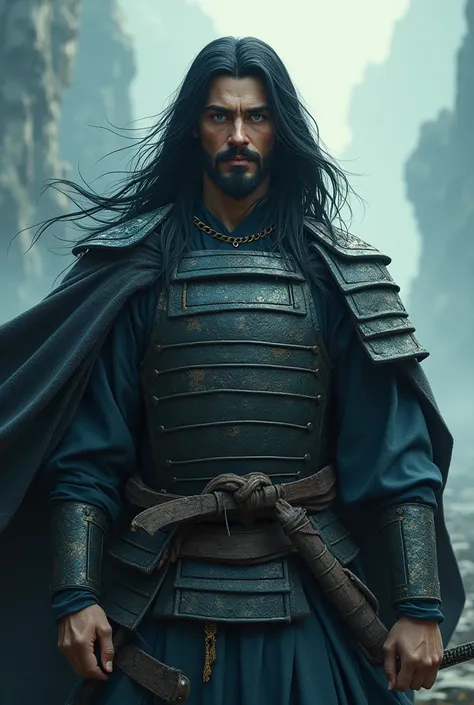 samurai with blue eyes and long hair, face similar to Jesus Christ.