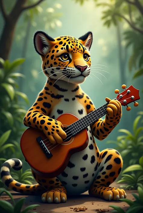 create a realistic artwork of a jaguar playing the ukulele
