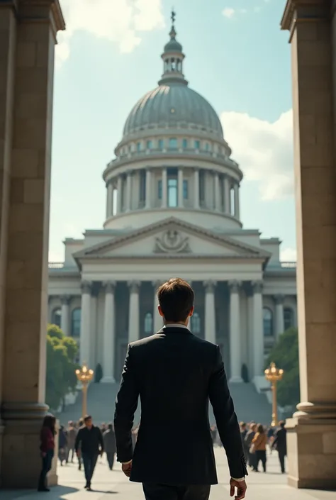 Young man heading to a building 