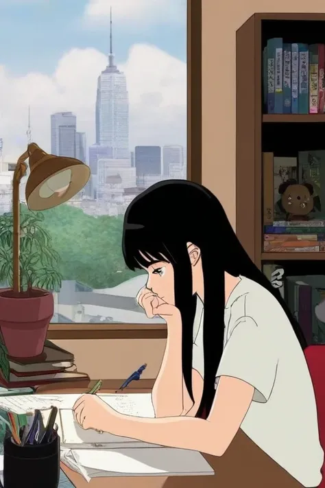 PELofiHipHop,sitting at desk,cartoon, 1girl,pale skin, and long straight jet black hair, long hairstyle with straight bangs, white t-shirt, (sawako kuronuma, kimi ni todoke)