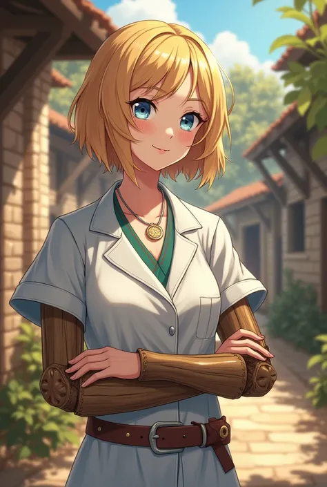 Girl doctor, medieval times, , wooden arm prosthesis, linda, short blonde hair, blue eyes, sunny, anime.