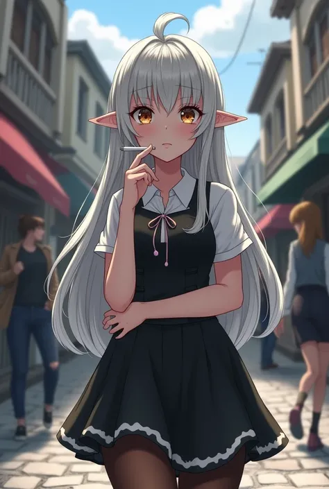 A anime Adult elf girl, She has medium breasts, she has very long snow-white hair, Brown  eyes, she is wearing two cute earrings, She is dressed in a dress black in color with white details, she is wearing brown tights and a simple blouse, her left hand is...