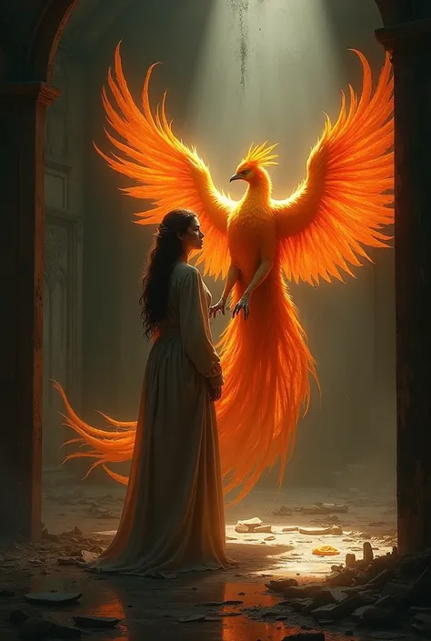 Make me a picture,with a phoenix a desolate woman,where he finds refuge with the phoenix,and around his room in pieces,In the middle of the darkness is the phoenix bird and the woman nearby