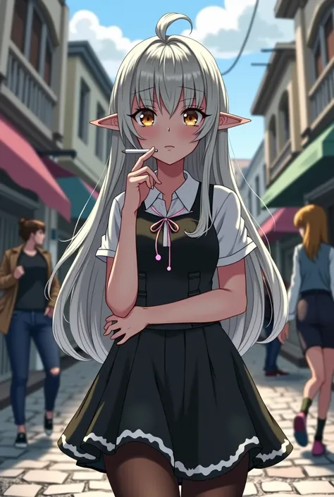 A anime Adult elf girl, She has medium breasts, she has very long snow-white hair, Brown  eyes, she is wearing two cute earrings, She is dressed in a dress black in color with white details, she is wearing brown tights and a simple blouse, her left hand is...