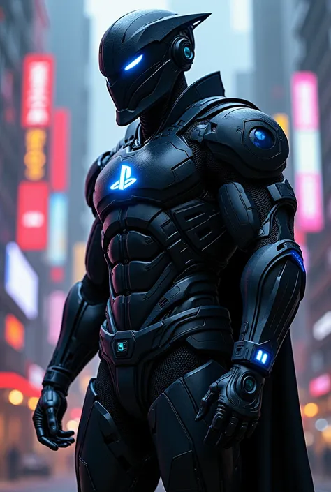 black armored superhero with playstation logo 