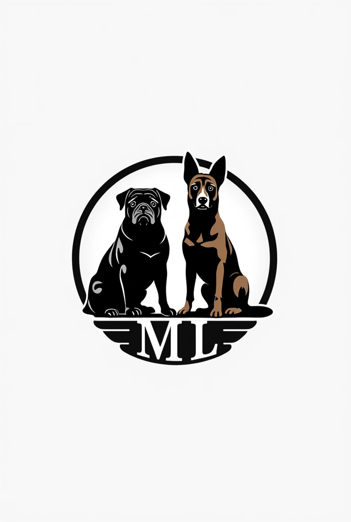 I want a round logo with a black pug dog and another malinois shepherd dog and below it have the initials ML