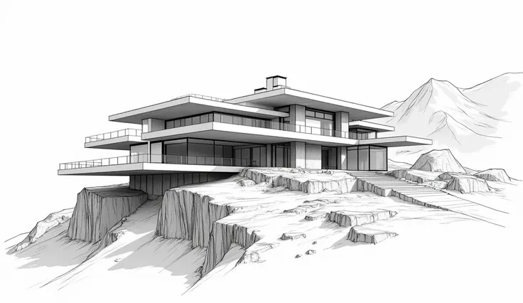 Generame UNA IMAGEN DE PERSPECTIVA TWO VANISHING POINTS.  The project and theme is: MOUNTAIN HOUSING. Drawing a 2-story house on a broken topography. a not so big two-level house! A realistic home. LA PERSPECTIVA TWO VANISHING POINTS TIENE QUE SER UN PLANO...