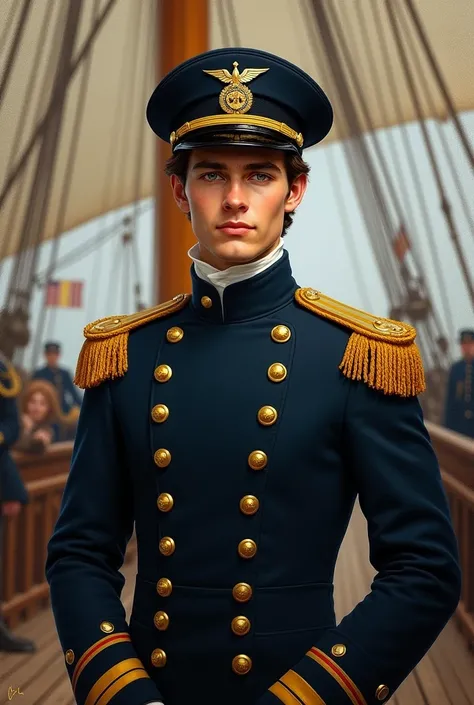 On a 19th century frigate, we see a US Navy captain, about 25 years of age with dark brown hair and pale blue eyes. He is wearing a navy blue cocked hat and standing on the quarter deck of his ship, the USS Farragut.