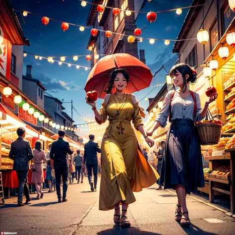 A lively scene of a person walking through a traditional street festival, holding a large red apple to their mouth, mid-bite. The person is surrounded by various vibrant food stalls, with colorful lanterns hanging above and people bustling around in the ba...