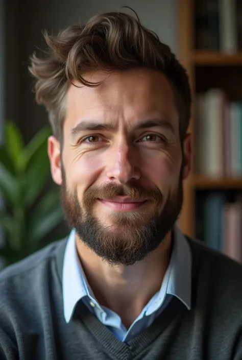 A friendly man with a beard who is thinking and solving a quiz and looking into the camera