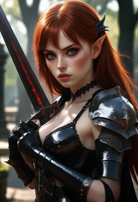 a beautiful redhead demonic girl in a city park holding a giant sword and wearing warrior sexy armor. she is extremely hot and s...