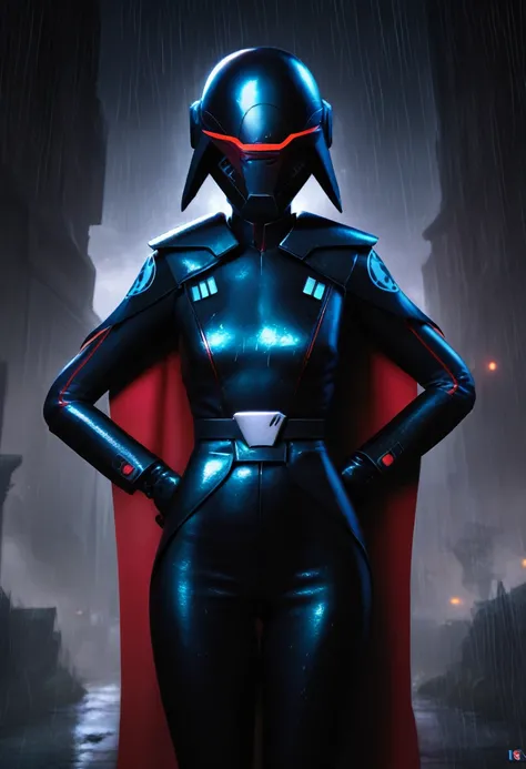 score_9, score_8_up, score_7_up, 3d,
BREAK
Trilla, helmet with red visor, cape, armor,black gloves,tight bodysuit,black cape,black pants,
solo, standing, front view, medium breasts, hands on hips, wide hips,
junkyard background, rain, night, night sky