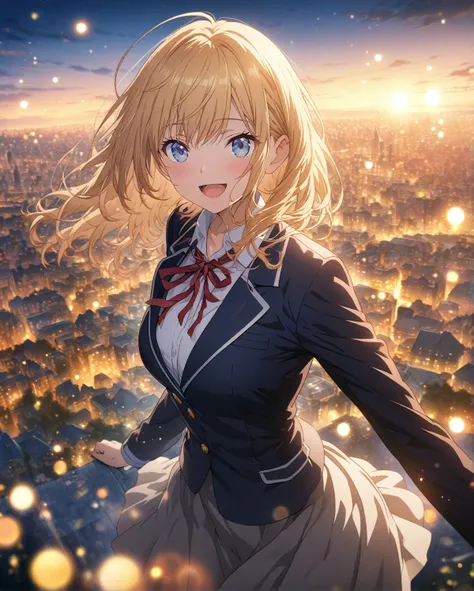 masterpiece, Highest quality, Highly detailed CG Unity 8K wallpapers, High School Girl Anime Illustration, Blazer uniform、 mouth open, smile. The background is a realistic city, GOLD Hair Color, Blue Eyes, Cowboy Shot, morning, bokeh photography, (soft foc...