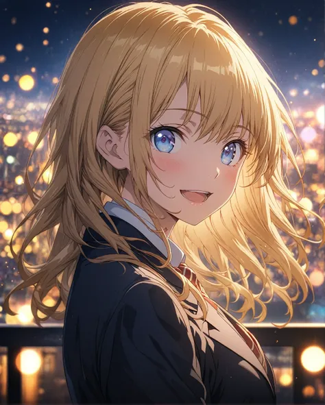 masterpiece, Highest quality, Highly detailed CG Unity 8K wallpapers, High School Girl Anime Illustration, Blazer uniform、 mouth open, smile. The background is a realistic city, GOLD Hair Color, Blue Eyes, Cowboy Shot, morning, bokeh photography, (soft foc...