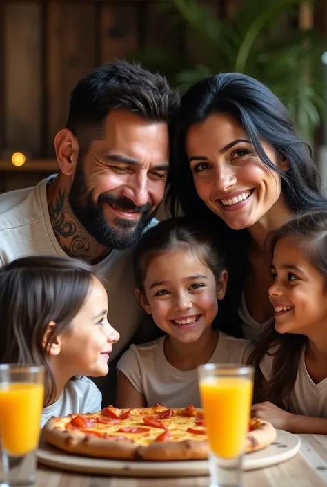 Real image of extremely cute couple eating pizza with three kids (Two girls and a boy). He has short black hair and a beard. She has long, black hair. They both wear tattoos. There is pizza and orange juice on the table. All 5 are smiling 