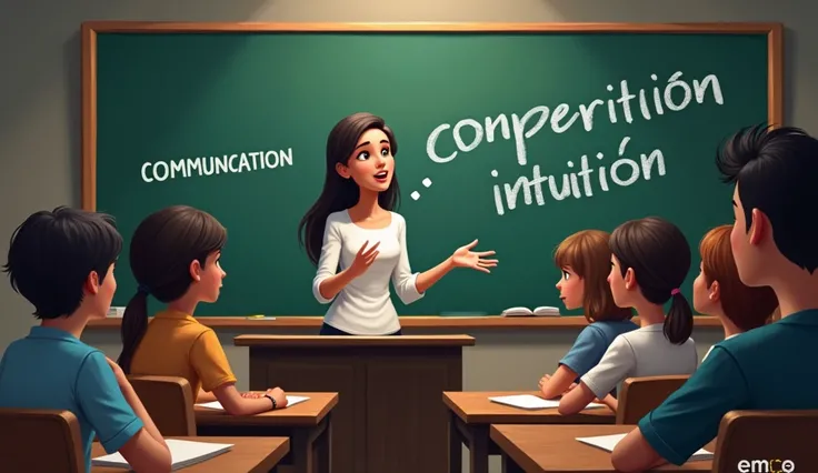 Teacher explaining, people watching, the words communication perception intuition written on the board (in Portuguese), 