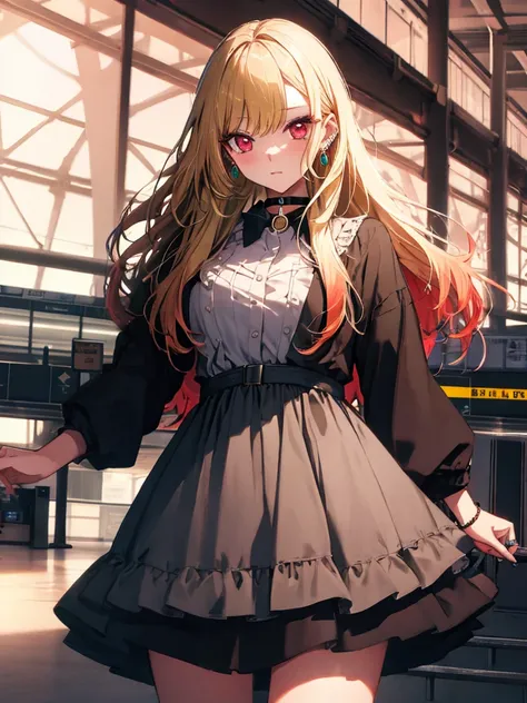 dress, The background is the airport, Kitagawa Marin, Cowboy Shot, One girl, Blonde Hair, Long Hair, Multicolored Hair, Red eyes, jewelry, Earrings, Earrings, Black choker, UHD, retina, masterpiece, ccurate, anatomically correct, textured skin, super detai...