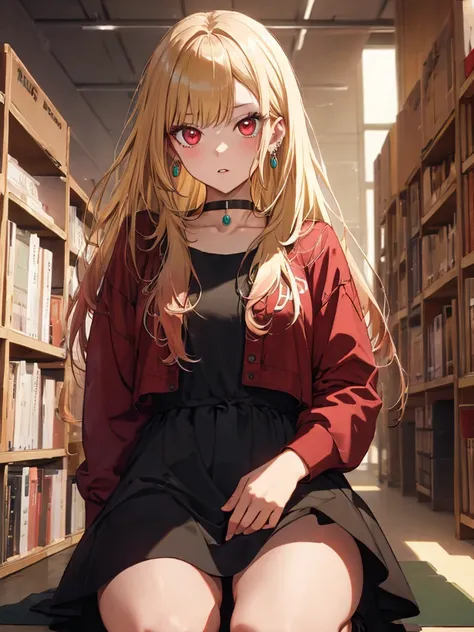 Squat, dress, The background is the library, Kitagawa Marin, Cowboy Shot, One girl, Blonde Hair, Long Hair, Multicolored Hair, Red eyes, jewelry, Earrings, Earrings, Black choker, UHD, retina, masterpiece, ccurate, anatomically correct, textured skin, supe...