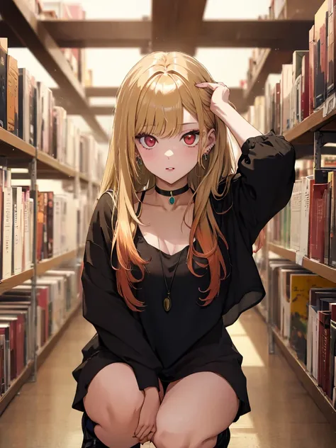 Squat, dress, The background is the library, Kitagawa Marin, Cowboy Shot, One girl, Blonde Hair, Long Hair, Multicolored Hair, Red eyes, jewelry, Earrings, Earrings, Black choker, UHD, retina, masterpiece, ccurate, anatomically correct, textured skin, supe...