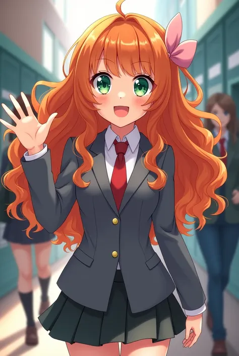 pretty woman, Hair (orange/curly/thigh length/ con un lazo rosado pastel sosteniendo su Hair al final), Eyes (big and green), expression (Happy), Uniform grey jacket and red tie, (body from the thighs up/ waving to someone while walking), school hallway ba...