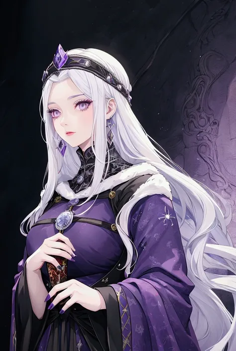 Woman(30years), white hair, purple eyes, skin black, medieval clothes, based on the franchise "A Song of Ice and Fire" by writer and screenwriter George RR Martin