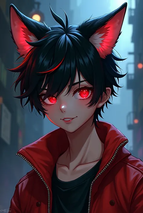 Teenage boy with wolf ears, black hair with red streaks, red eyes, short and disheveled hair, red jacket and mischievous smile