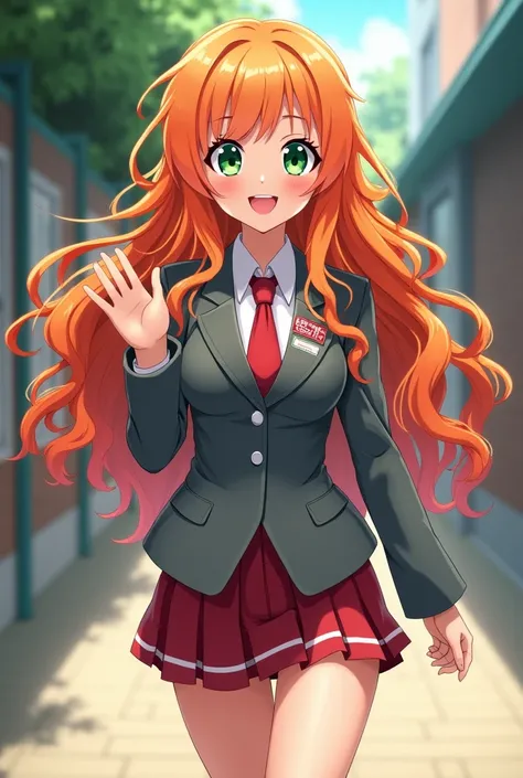 pretty woman, Hair (orange/curly/thigh length/ con un lazo rosado pastel sosteniendo su Hair al final), Eyes (round and green), expression (Happy), Uniform grey jacket and red tie, (body from the thighs up/ waving to someone while walking), school hallway ...