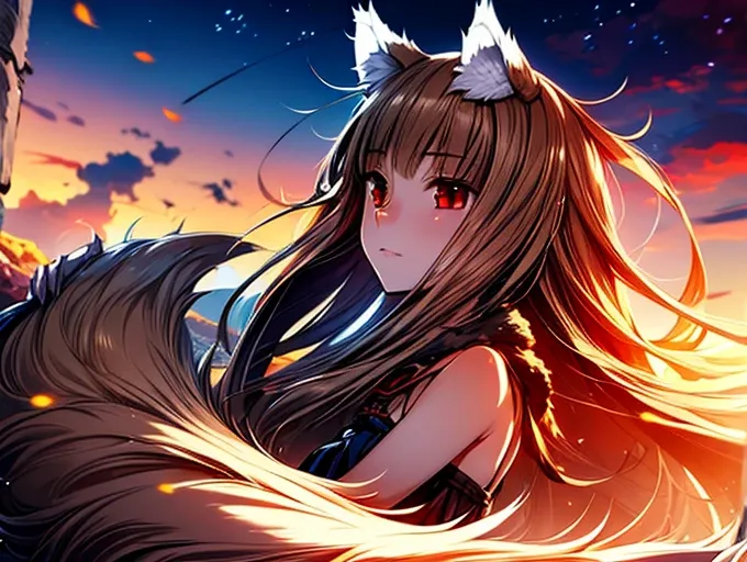 1girl, animal ears,wolf ears, tail, wolf tail, red eyes, wolf girl, brown hair,long hair, hot spring(extremely detailed cg unity...