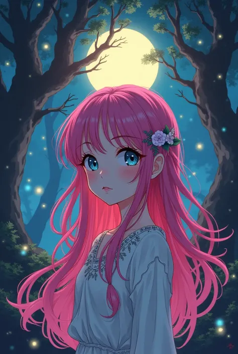 make a retro 80s anime girl, with pink hair in a fantasy forest at night 