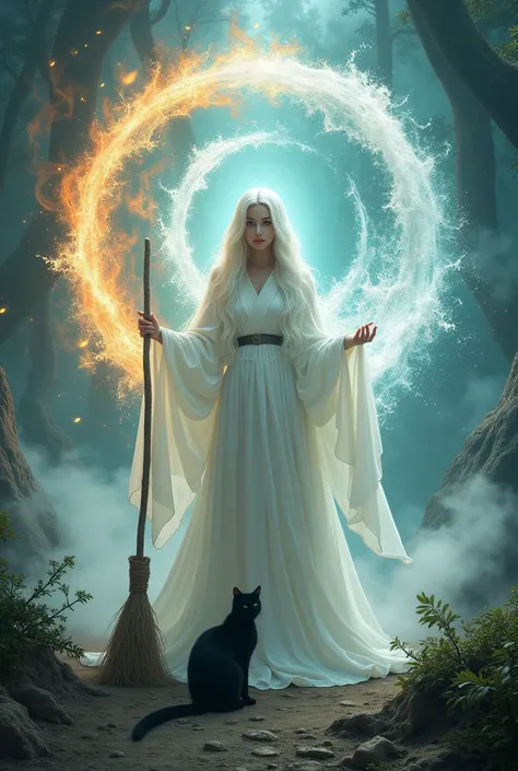 Image of a white witch woman, the 4 elements, a cat the pentagram, a broom, air, land, Water, Fire
