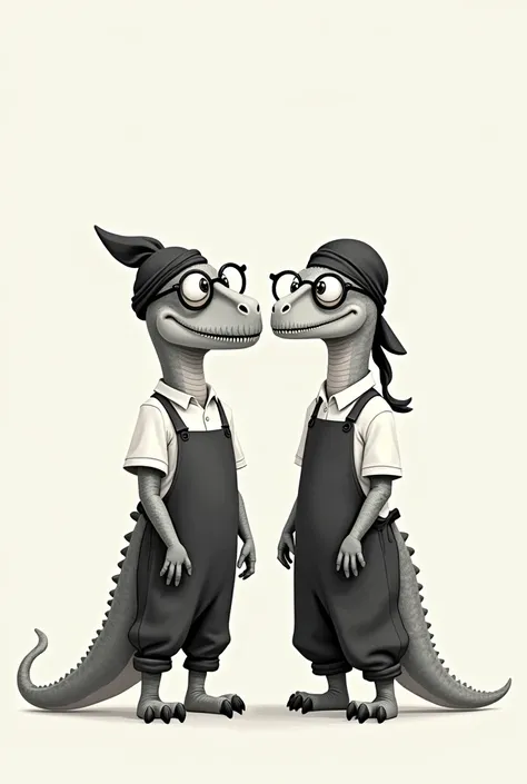 Barista dinosaur couple in black and white 2d minimalist vintage style one with hippie bandana on head and round prescription glasses

