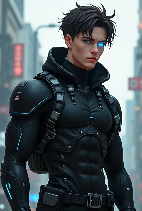 Un jeune homme style anime cyberpunk appelé *Akiro est un jeune homme de , avec une stature athlétique et une silhouette agile. Il mesure environ 1,75 mètre, avec des muscles bien définis mais pas trop volumineux, ce qui lui permet de se mouvoir rapidement...