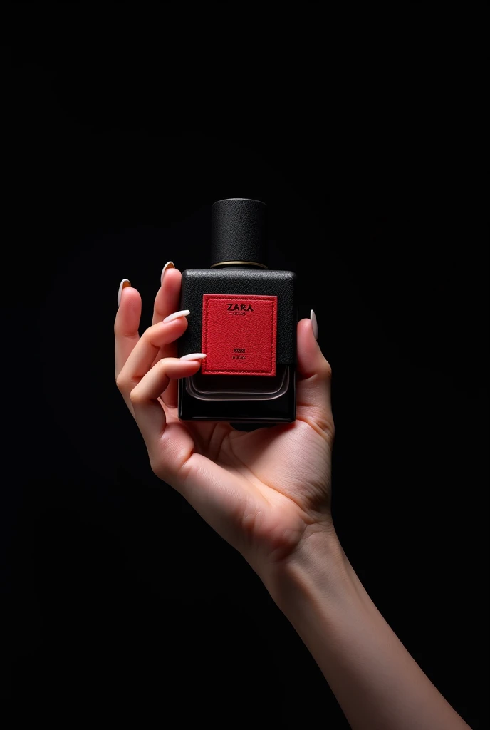 Create the image of a hand holding Zara&#39;s vibrant leather perfume, black background